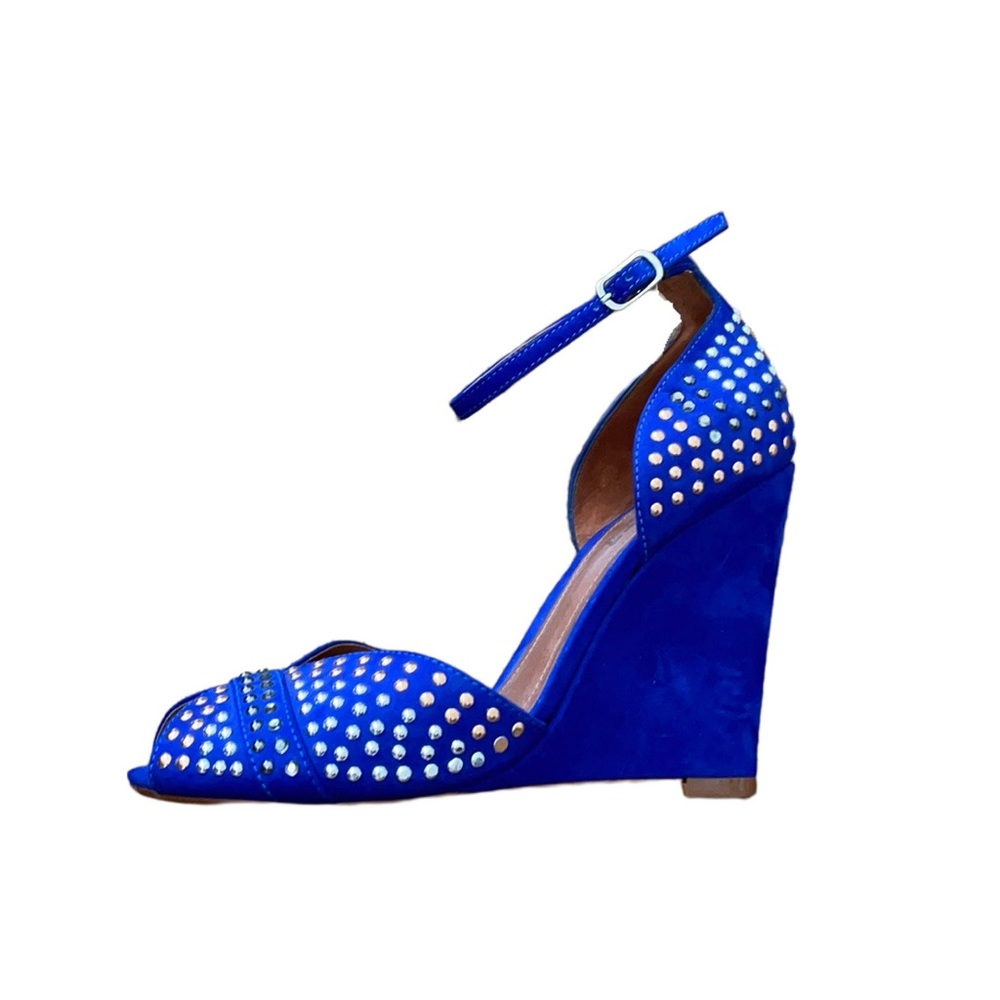 Schutz Royal Blue Suede Embellished Peep Toe Wedge Heels